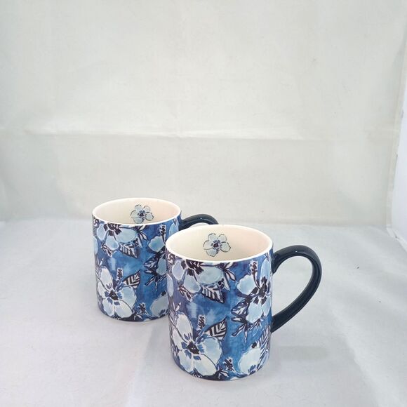 Set of Two (2) Lang Indigo 14 Oz Coffee Mugs Ceramic Cups by Barbra Ignatiev - Picture 1 of 4